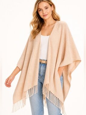 Beige Peach Fringe Ruana Wrap Shawl Quiet Luxury Cozy Layer